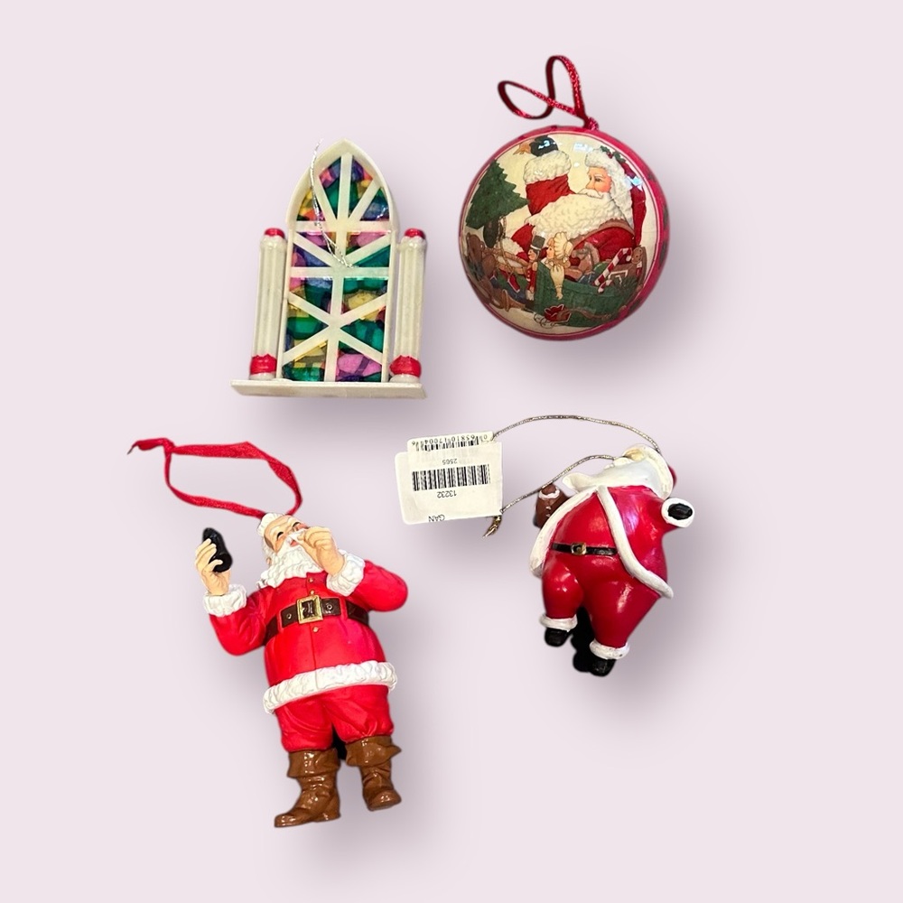 Set of 4 Assorted Santa Christmas Tree Ornaments Coca-Cola Football Cathedral